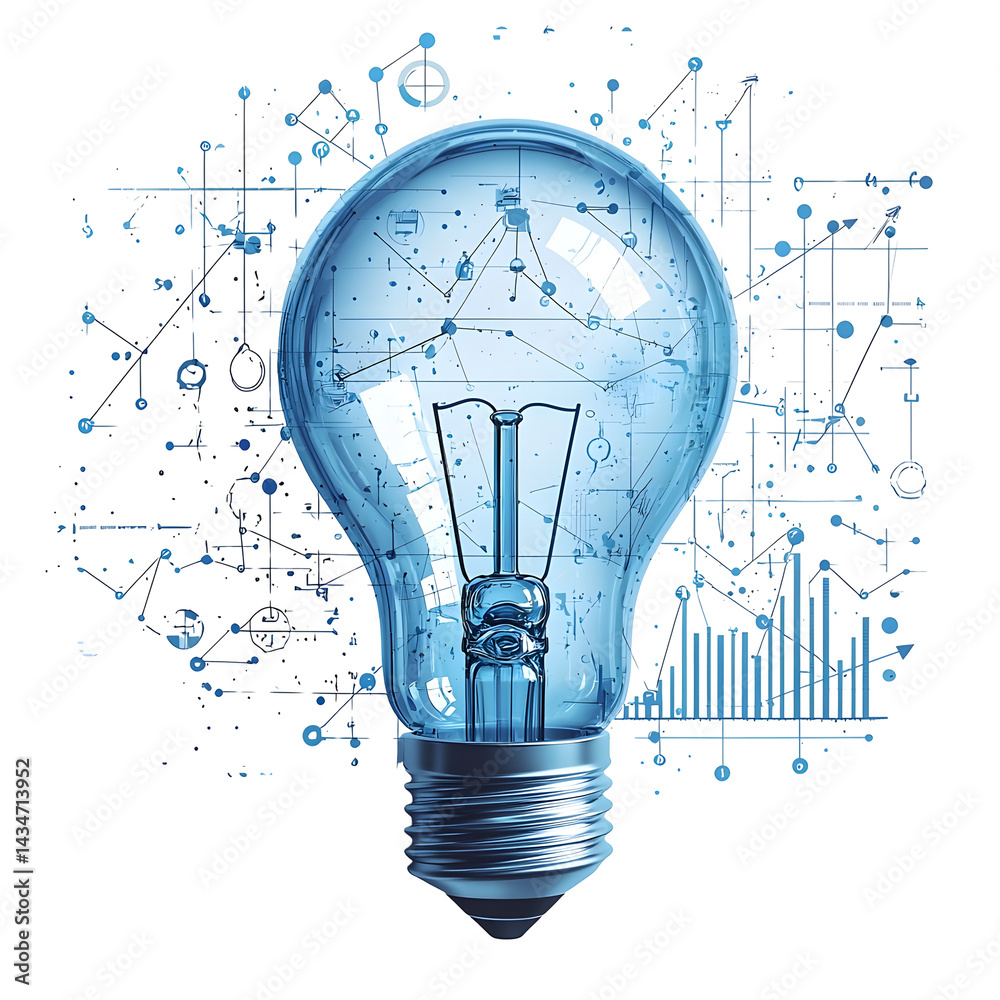 Poster a stylized depicting a lightbulb as a symbol of idea data visualization elements like graphs and arr