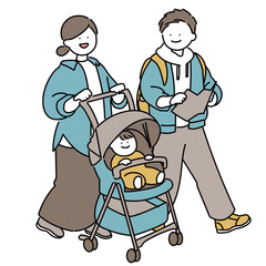 おでかけする両親と赤ちゃん_カジュアル