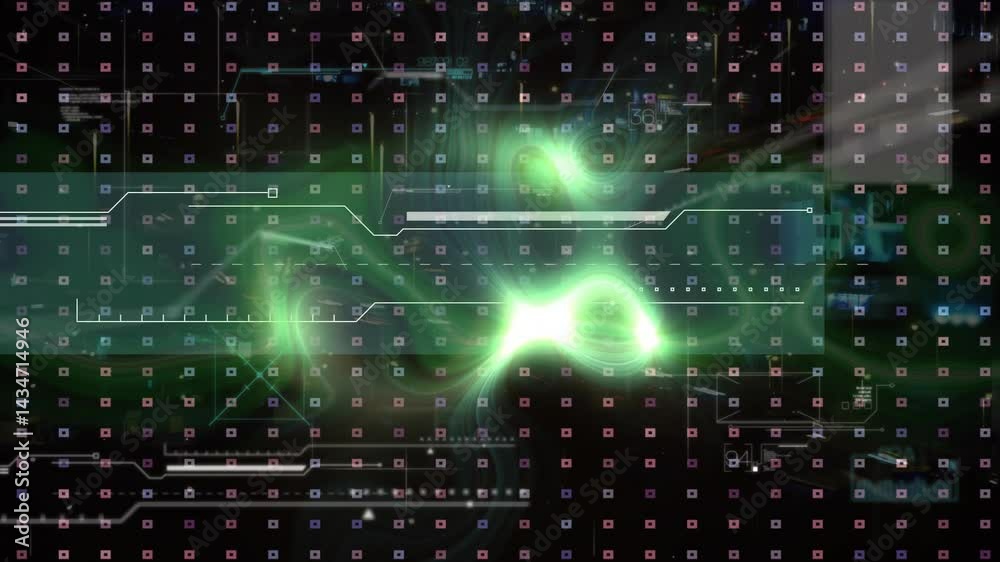 Poster abstract digital interface being animated over colored grid, showing glowing green data streams