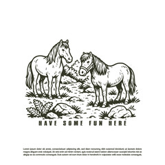 Hand drawn two horses in the wild vector