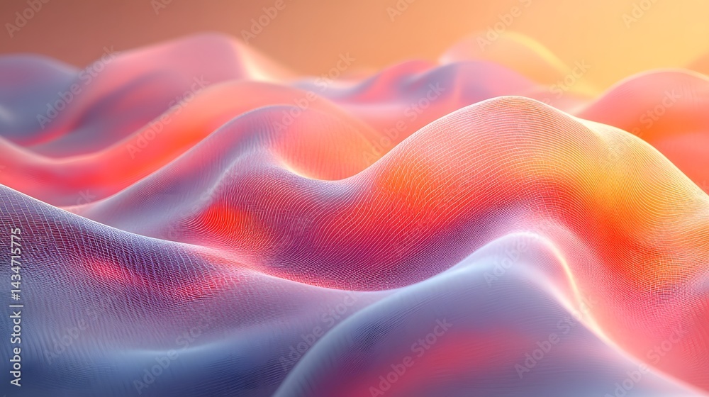Poster abstract waves cascade in a gradient of blues, purples, pinks, oranges, and yellows, creating a sere