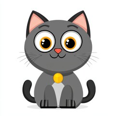 Cartoon illustration of a gray cat with yellow eyes and a yellow tag sitting on a white background