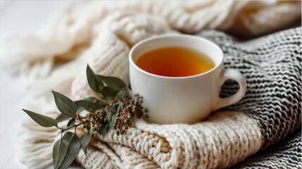 Cozy Tea Setup on Soft Knitted Blanket