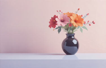 Fototapeta premium A vibrant bouquet of pink, orange, and red flowers in a dark vase sits on a white shelf against a pale pink wall. The image evokes serenity and simplicity.