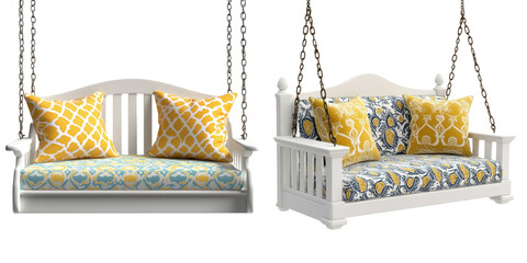 Cozy White Swing Bench with Colorful Cushions for Outdoor Relaxation