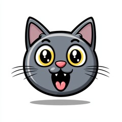 Cartoon illustration of a playful gray cat with yellow eyes and open mouth