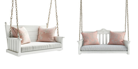 Elegant White Wooden Swing Seats with Pink Floral Cushions