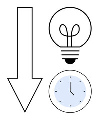 Downward arrow, light bulb, and clock highlight themes of time management, creativity, progress direction, energy, and decision-making. Ideal for productivity, innovation workflow success