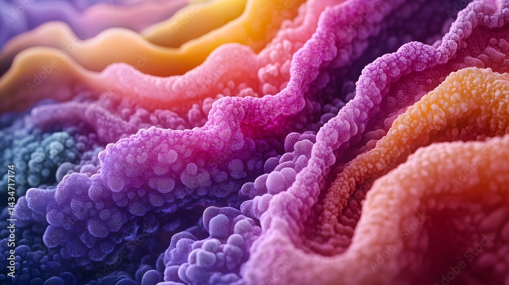 Poster Intriguing close-up of cellular structures with shifting colors. A vibrant, bumpy landscape evokes microscopic life. The texture shows organic bead-like elements. Abstract Medical Pain