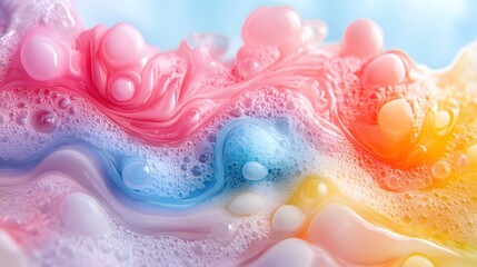 A mesmerizing blend of vibrant liquids and bubbles cascades in a stunning rainbow effect. Pink and red hues merge into blue, white, and yellow. Viscous texture,Abstract Medical Pain