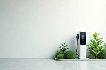 Eco Friendly Electric Charging Station with Plants on Minimal Background and Copy Space