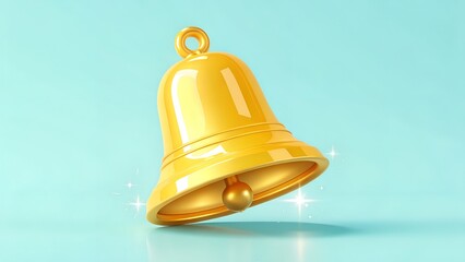 Shiny Golden Bell with Clapper Sparkling Against Light Blue Background

