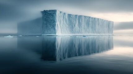 Majestic Giant Iceberg Surrounded by Fog with Reflections in Calm Waters Captured in Stunning Realistic Photography