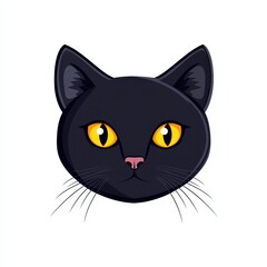 Detailed illustration of a black cat's face with vivid yellow eyes and pink nose