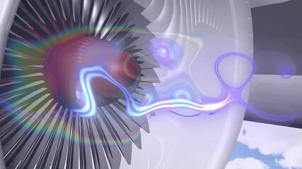jet engine fan blades rotating while visualizing airflow patterns inside nacelle with neon overlays - Powered by Adobe