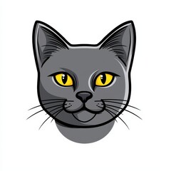 Stylized illustration of a gray cat's face with large yellow eyes and black outlines