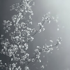 Close Up Gray Scale Image of Blooming White Flowers on Branches Against a Softly Lit Background