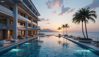 "Stunning AI-generated image of a modern beachfront resort featuring a spacious swimming pool, palm trees, and a picturesque sunset that creates a serene and inviting atmosphere for relaxation by the 