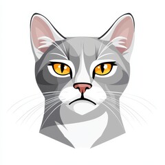 Stylized vector illustration of a gray cat's face with vivid yellow-orange eyes