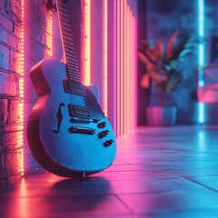 Electric Guitar Leaning Against a Brick Wall with Neon Lighting Creating a Musical Atmosphere
