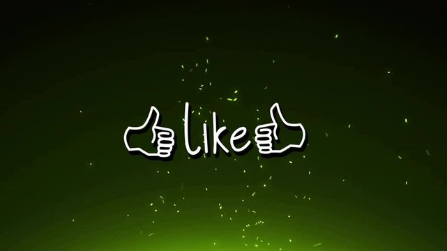 Neon-green dots drifting over gradient while handwritten like pulsing around thumbs-up outlines