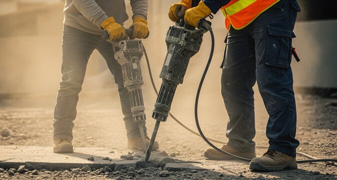 Side view of construction landscape with drill A detailed close-up of two construction workers using a pneumatic hammer to bore holes. Industrial construction style.
