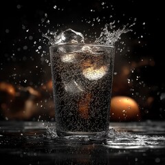 Glass of Refreshing Soda with Ice Cubes Creating a Splash on Dark Wooden Tabletop Background