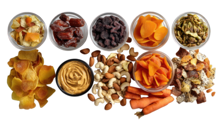 dried fruits, apple chips, trail mix, baby carrots, peanut butter dip, isolated transparent background
