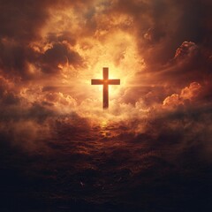 Radiant Cross Silhouette with Dramatic Cloudscape at Dusk Symbolizing Faith Hope and Spiritual Light over Tranquil Waters