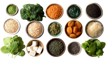 spinach, lentils, pumpkin seeds, quinoa, tofu, dark leafy greens, dried apricots, isolated transparent background