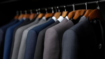 Fototapeta premium A row of suits hangs on a metal rack, displaying various colors and textures in a closet.