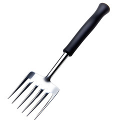 Close-up of a stainless steel garden fork with a black handle, isolated on a white background, ideal for gardening tools