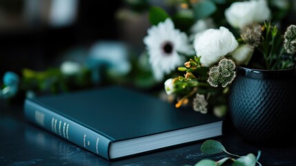 Elegant dark teal book rests beside a bouquet of white flowers and greenery