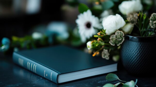 Elegant dark teal book rests beside a bouquet of white flowers and greenery