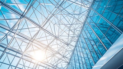 Fototapeta premium Urban Commercial Building With Modern Steel Frame Structure Geometric Glass Panels and Bright Transparent Ceiling Design