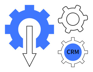 Blue gear with downward arrow highlighting process efficiency, alongside smaller wheels including one marked CRM. Ideal for automation, productivity, CRM systems, optimization, business strategy