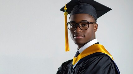 Young Graduate in Cap and Gown Portrait with Glasses, Celebrating Academic Achievement in Studio Setting