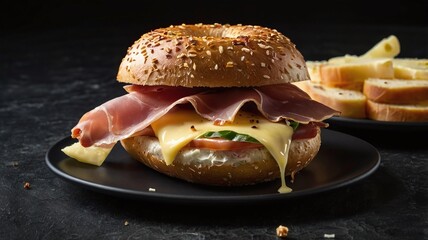 Plate of tasty bagel sandwich with prosciutto and cheese on black background