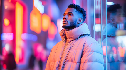 Obraz premium Young Man in Puffy Jacket Contemplating in Vibrant Neon City at Night