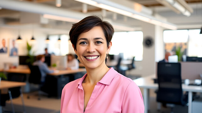 A woman with short dark hair smiles gracefully in a modern, creative office space, exuding confidence and a sense of approachability in her pink attire.