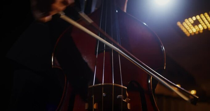 A man plays the double bass using a bow. Solo performance on the theater stage