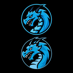 Set of Two Blue Dragon Head Esport Gaming or Fantasy Mascot Logos within Circles