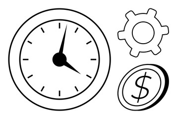 Clock for time, gear for work process, and coin for money concept. Ideal for productivity, efficiency, time management, business, financial planning workflow economy. Flat simple metaphor