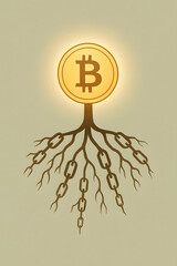Symbolic blockchain roots — minimalist concept of Bitcoin growing economic foundations through technology