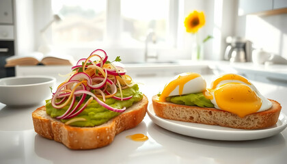 Obraz premium Avocado Toast with Poached Eggs and Radishes on a Kitchen Countertop