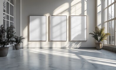 
Bright, Airy Room with Three Empty Frames on Wall, Sunlight Casting Shadows on Polished Marble Floor and Potted Plants for Interior Design Branding

