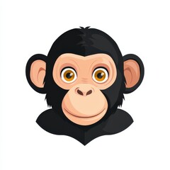 Cartoon illustration of a chimpanzee face with dark fur, pink skin, and yellow eyes