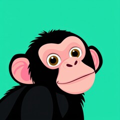 Cartoon monkey face with black fur, pink patches, and yellow eyes on a green background