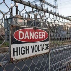 High Voltage Warning Sign on Chain Link Fence at Electrical Substation