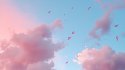 Fototapeta premium Pastel sky filled with floating pink petals and clouds.
